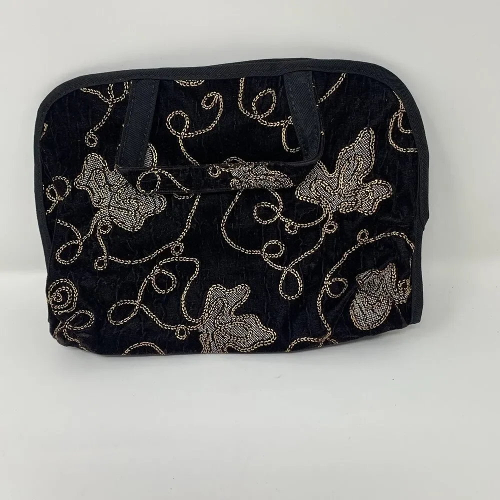 Siris Black Gold Floral Velvet Travel Cosmetic Toiletry Organizer Bag USA